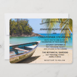 Schöner tropischer Strand mit einer Rowboat-Hochze Einladung