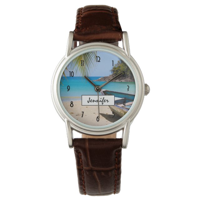 Schöner tropischer Strand mit Rowboat Armbanduhr (Vorderseite)