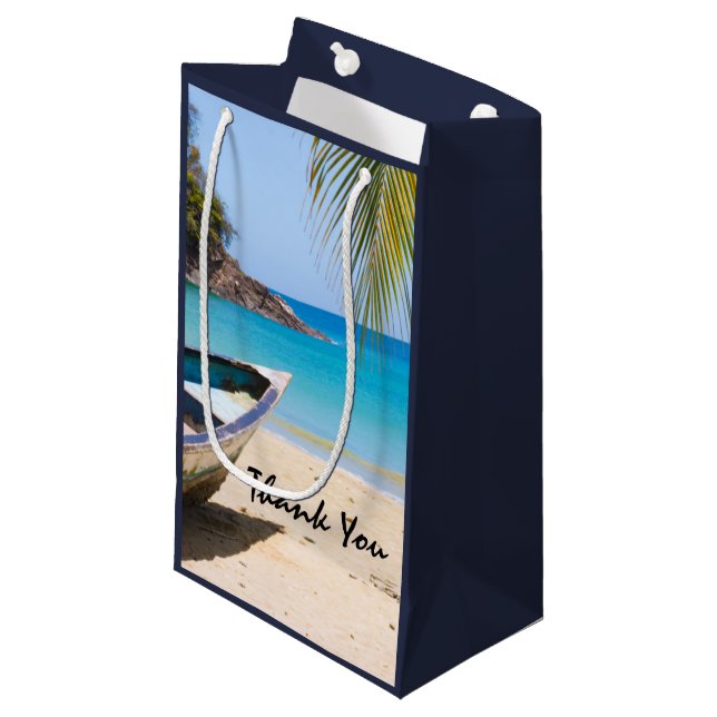 Schöner tropischer Strand mit Rowboat Vielen Dank Kleine Geschenktüte (Vorderseite Schrägansicht)