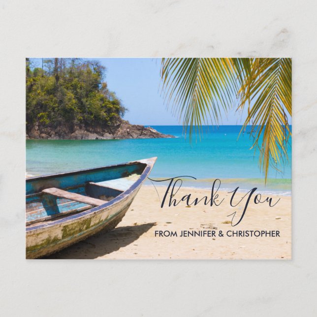 Schöner tropischer Strand mit Rowboat Vielen Dank Postkarte (Vorderseite)