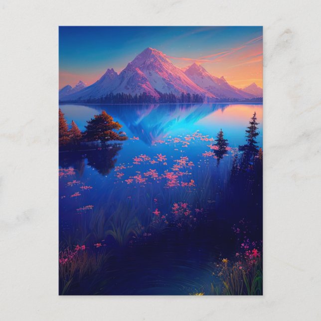 Schöner überlaufener See mit majestätischen Bergen Postkarte (Vorderseite)