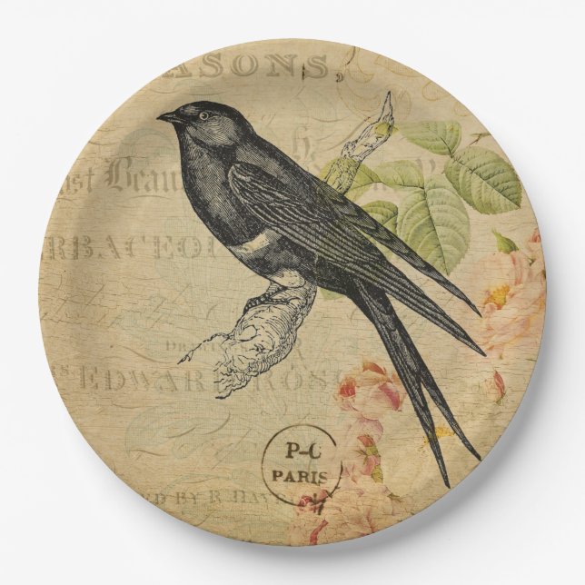 Schöner Vintager Schwalben-Vogel-Blumencollage Pappteller (Vorderseite)