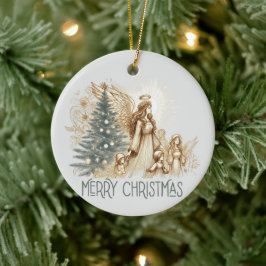 Schöner Vintager Wächter Engel mit Kindern Keramik Ornament