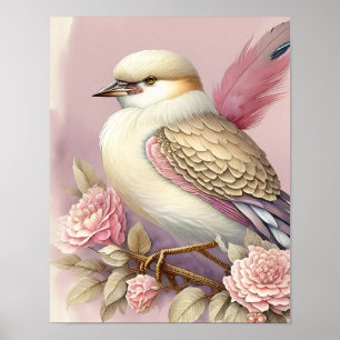 Schöner Vogeldruck Rosa Elfenbein Federn Rosen Poster