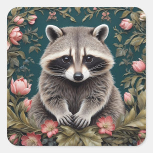 Schöner Waschbär Rosa Floral Quadratischer Aufkleber