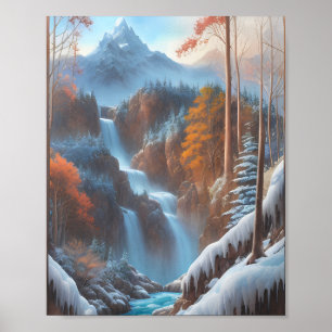 Schöner Wasserfall im Schneewald Poster