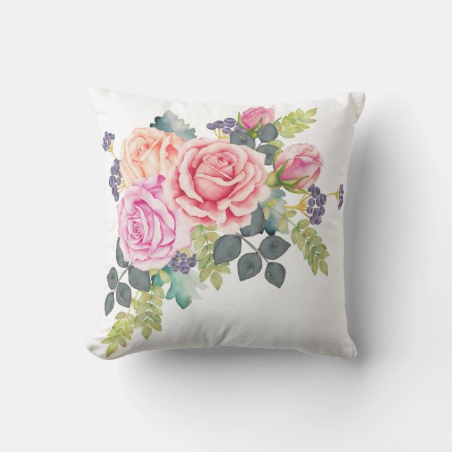Schöner Watercolor-Blumenstrauß rosa Kissen (Vorderseite)