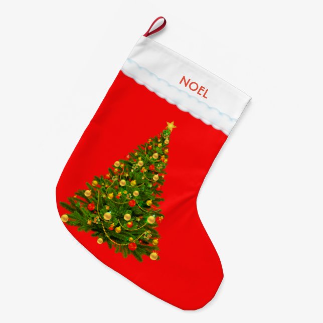 Schöner Weihnachtsbaum auf Rot Großer Weihnachtsstrumpf (Vorderansicht (hängend))