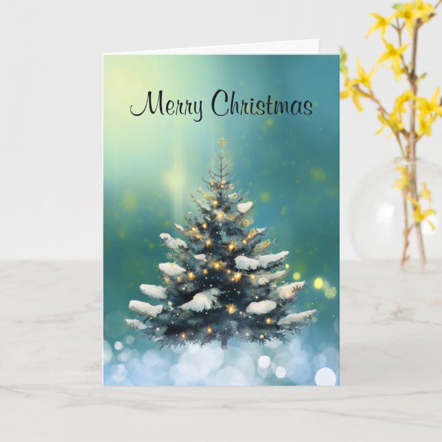 Schöner Weihnachtsbaum mit Schnee und goldenen Lic Karte (Gelbe Blume)
