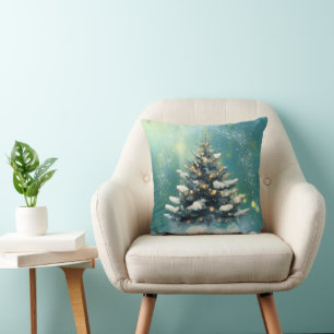 Schöner Weihnachtsbaum mit Schnee und goldenen Lic Kissen