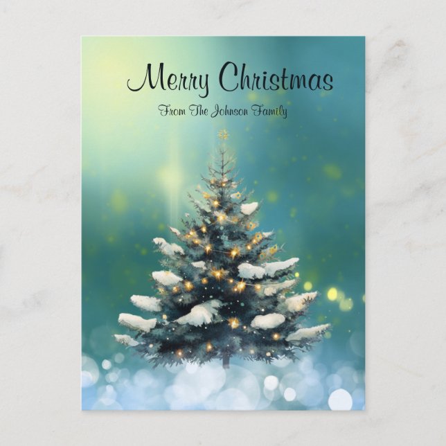 Schöner Weihnachtsbaum mit Schnee und goldenen Lic Postkarte (Vorderseite)