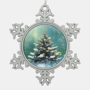 Schöner Weihnachtsbaum mit Schnee und goldenen Lic Schneeflocken Zinn-Ornament