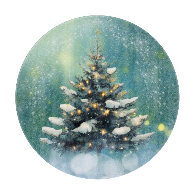 Schöner Weihnachtsbaum mit Schnee und goldenen Lic Schneidebrett (Vorderseite)