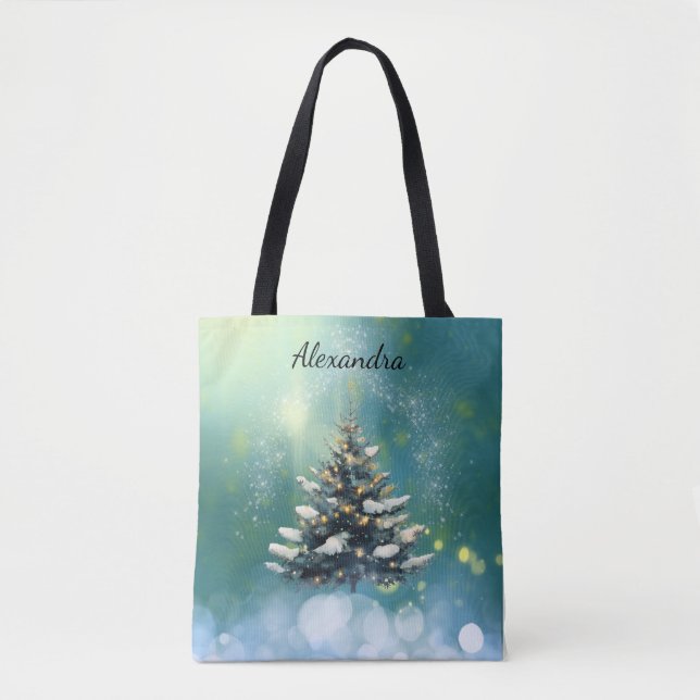 Schöner Weihnachtsbaum mit Schnee und goldenen Lic Tasche (Vorderseite)