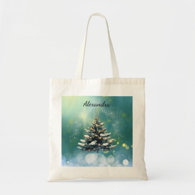 Schöner Weihnachtsbaum mit Schnee und goldenen Lic Tragetasche (Vorne)