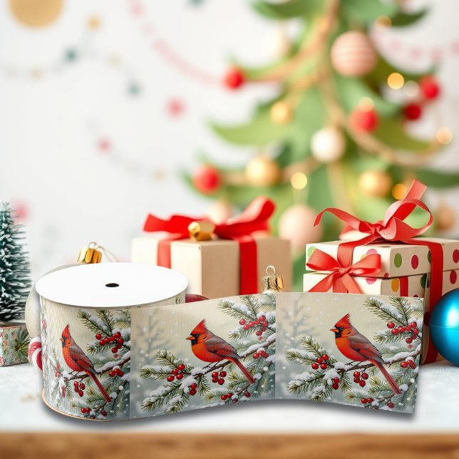 Schöner Weihnachtskardinal und Kiefernzweige Ripsband (Von Creator hochgeladen)