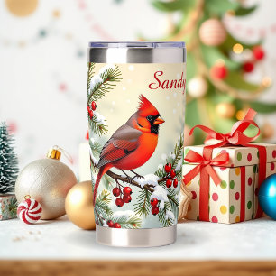 Schöner Weihnachtskardinal und Kiefernzweige Thermobecher