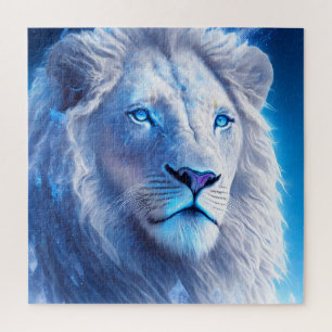Schöner weißer mystischer Löwe mit blauen Augen  