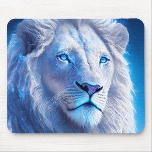 Schöner weißer mystischer Löwe mit blauen Augen Mousepad