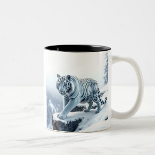 Schöner Weißer Tiger Auf Schnee Bedeckten Klippen Zweifarbige Tasse