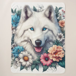 Schöner Weißer Wolf Hund mit Blumen Sherpadecke