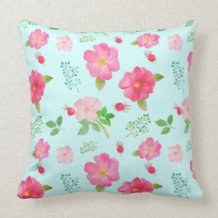 Schöner wildes Rosa-Rosenund HagebuttenWatercolor Kissen