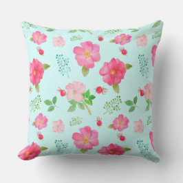 Schöner wildes Rosa-Rosenund HagebuttenWatercolor Kissen
