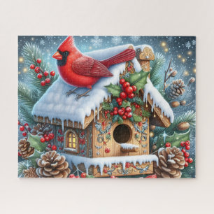 Schöner Winterkardinalvogel mit Vogelhaus