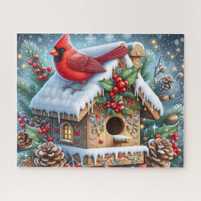 Schöner Winterkardinalvogel mit Vogelhaus (Horizontal)