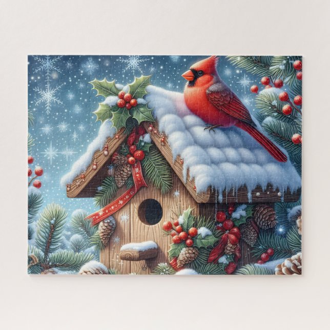 Schöner Winterkardinalvogel mit Vogelhaus (Horizontal)