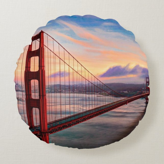 Schöner Wintersonnenuntergang bei Golden gate Rundes Kissen (Vorderseite)