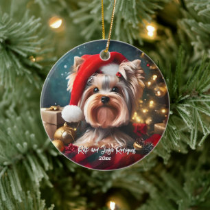 Schöner Yorkshire Terrier mit Santa-Hut Keramik Ornament