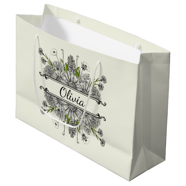 Schöner zeichn von Schwarz-Weiß-Blume Große Geschenktüte (Vorderseite Schrägansicht)