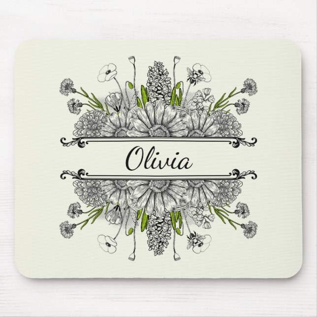 Schöner zeichn von Schwarz-Weiß-Blume Mousepad (Vorne)