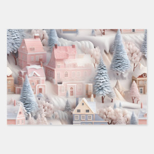 Schönes 3D-Weihnachtsdorf Geschenkpapier Set