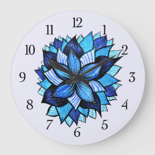 Schönes abstraktes blaues Blumen-Tinten-Zeichnen Große Wanduhr