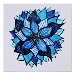 Schönes abstraktes blaues Blumen-Tinten-Zeichnen Poster