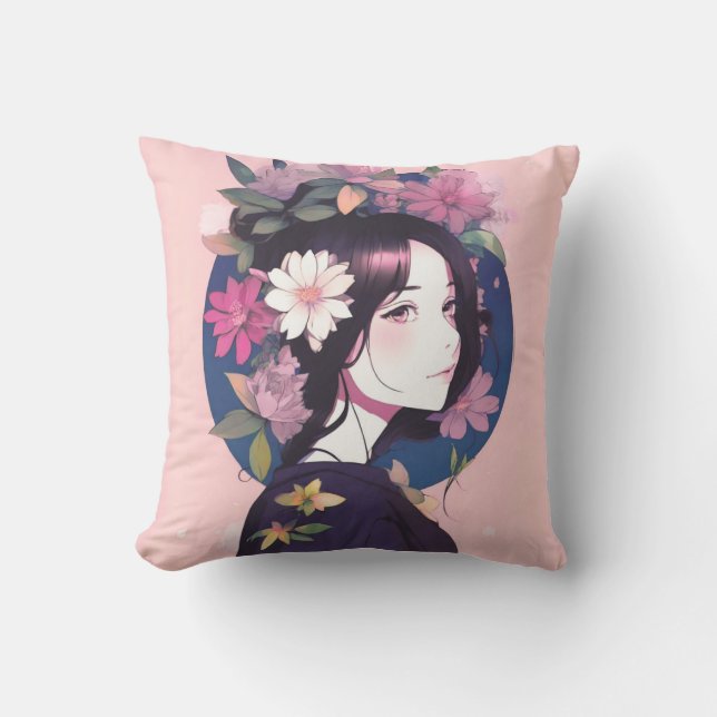 Schönes Anime Girl gekrönt mit Blume Kissen (Vorderseite)