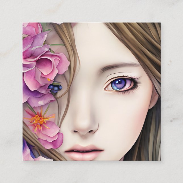 Schönes Anime Girl mit Blume Quadratische Visitenkarte (Vorderseite)