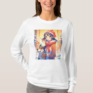 Schönes Anime Girl mit Husky Dog Weihnachten T-Shirt
