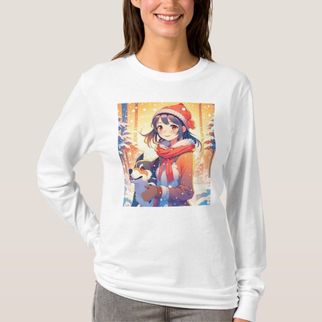Schönes Anime Girl mit Husky Dog Weihnachten T-Shirt (Vorderseite)