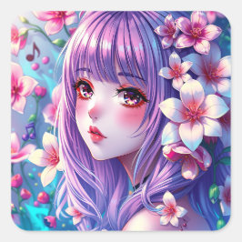 Schönes Anime Girl mit Lila Haar Quadratischer Aufkleber