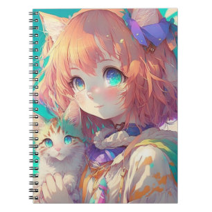 Schönes Anime Girl mit Niedlich Kitten Notizblock