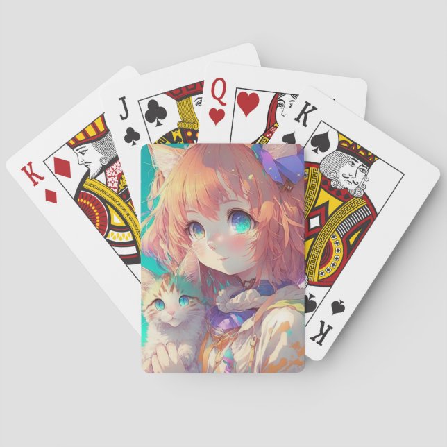 Schönes Anime Girl mit Niedlich Kitten Spielkarten (Rückseite)