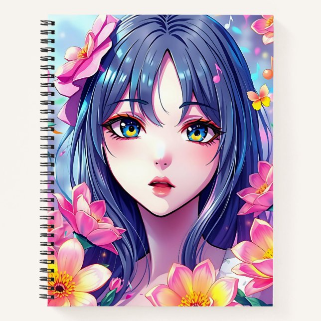 Schönes Anime Girl und Blume Notizbuch (Vorderseite)