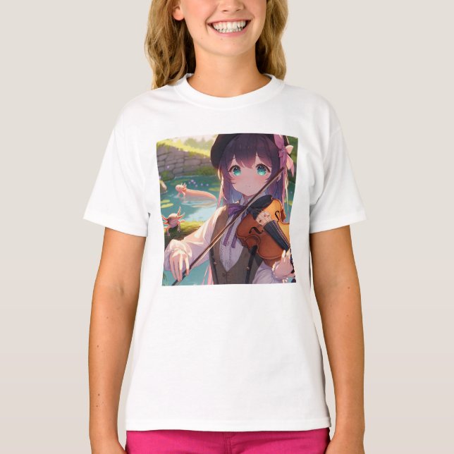 Schönes Anime Girl Violine T-Shirt (Vorderseite)