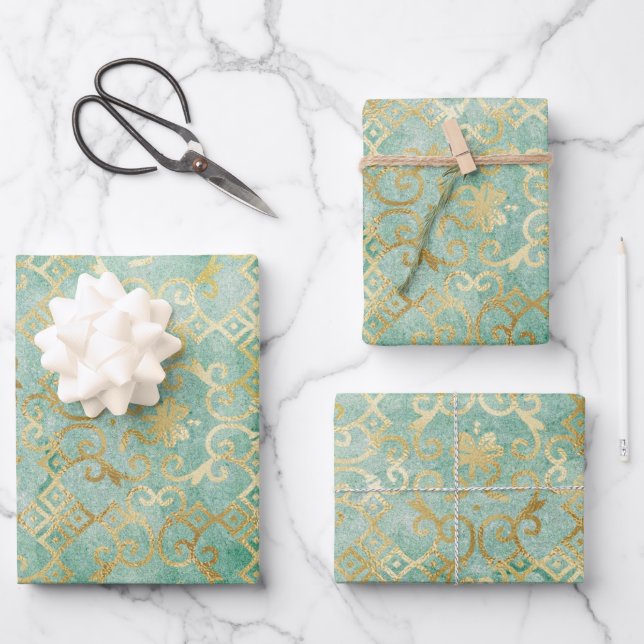 Schönes antikes Design, grün und gold Geschenkpapier Set (Vorderseite)