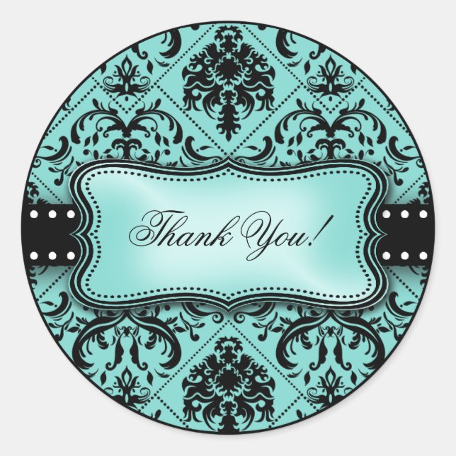 Schönes Aqua Blue und Black Damask Danke Runder Aufkleber (Vorderseite)