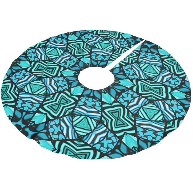 Schönes Aquamarines Aqua Türkis Ethnisches Mosaik  Polyester Weihnachtsbaumdecke (Schrägansicht)