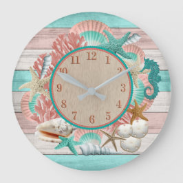 Schönes Aquamarines und Coral Seashell and Beach D Große Wanduhr